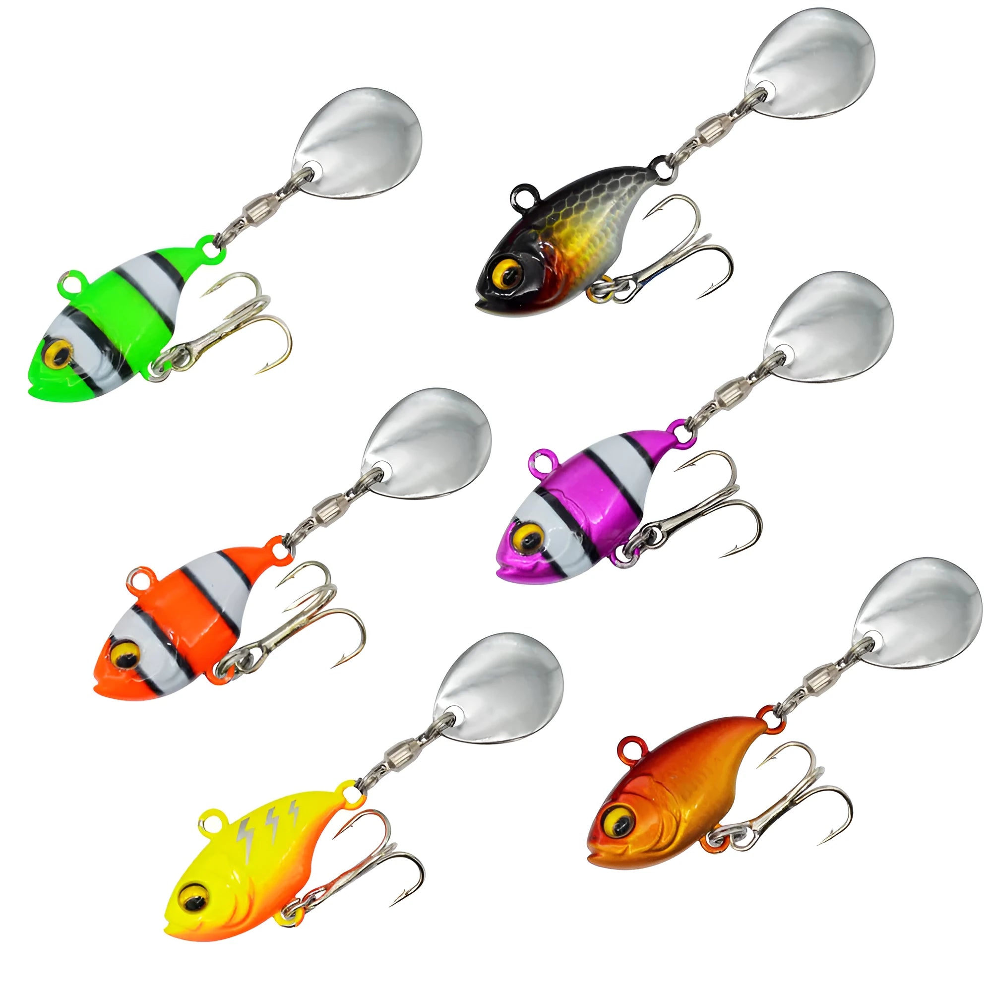 Metal fishing lure with a rotating sequin in a selection of colours on a blue background.