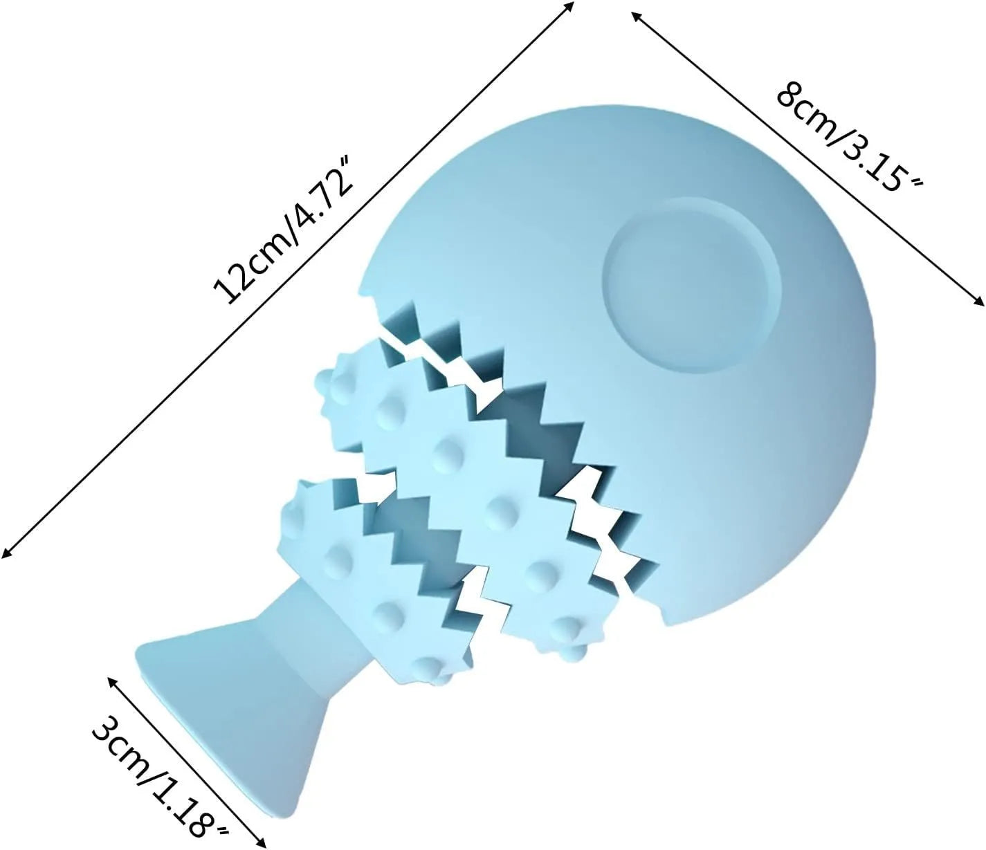 Blue fish bone shaped dog dental chew toy with textured surface and treat hole.