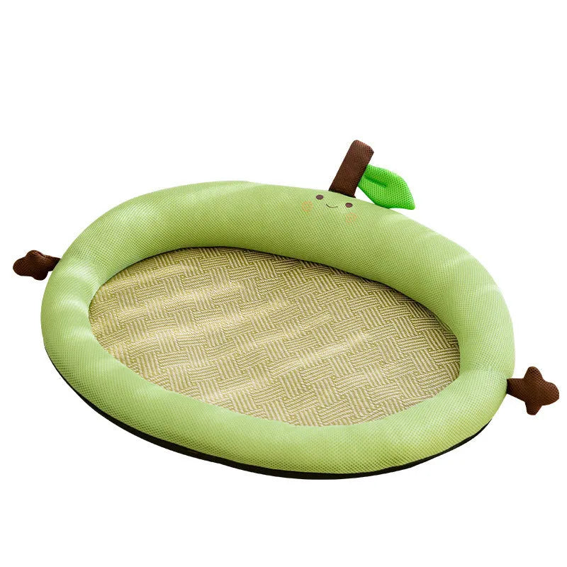 Green fruit backrest pet cooling mat in nest design for large dogs on wooden floor
