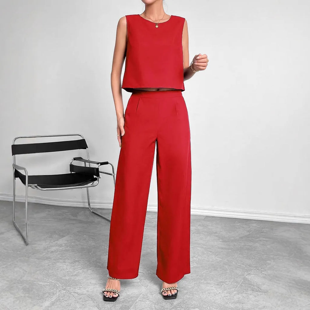 Red sleeveless top and wide leg trousers two-piece set on Asian model