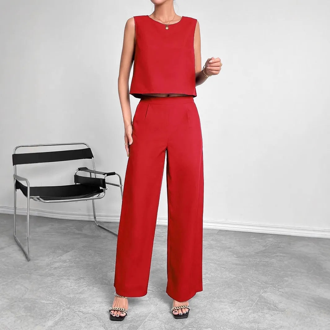 Red sleeveless top and wide leg trousers two-piece set on Asian model