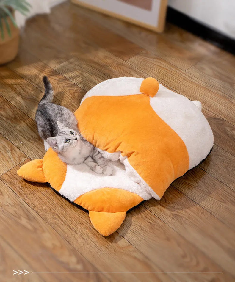 Orange semi-closed cat sleeping bag measuring 65x53cm with winter bed design