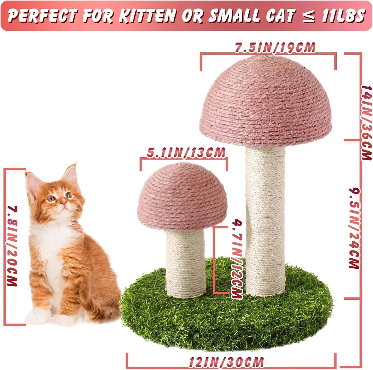 Pink mushroom-shaped cat scratching post with natural sisal cap and pole for small cats