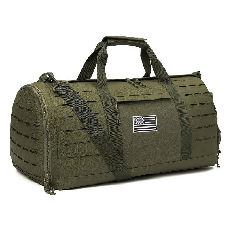 Men's khaki waterproof sports travel bag with air pillow shoulder strap showing 56cm height