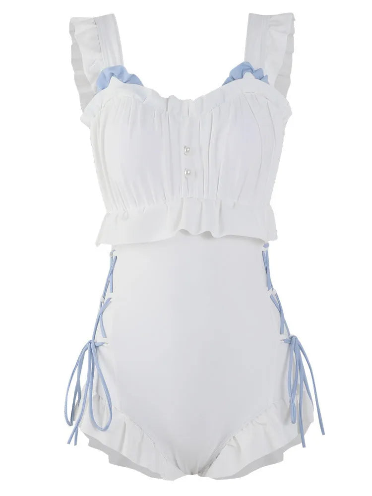 Milky White backless one-piece swimsuit for women on a hanger.