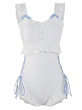 Milky White backless one-piece swimsuit for women on a hanger.