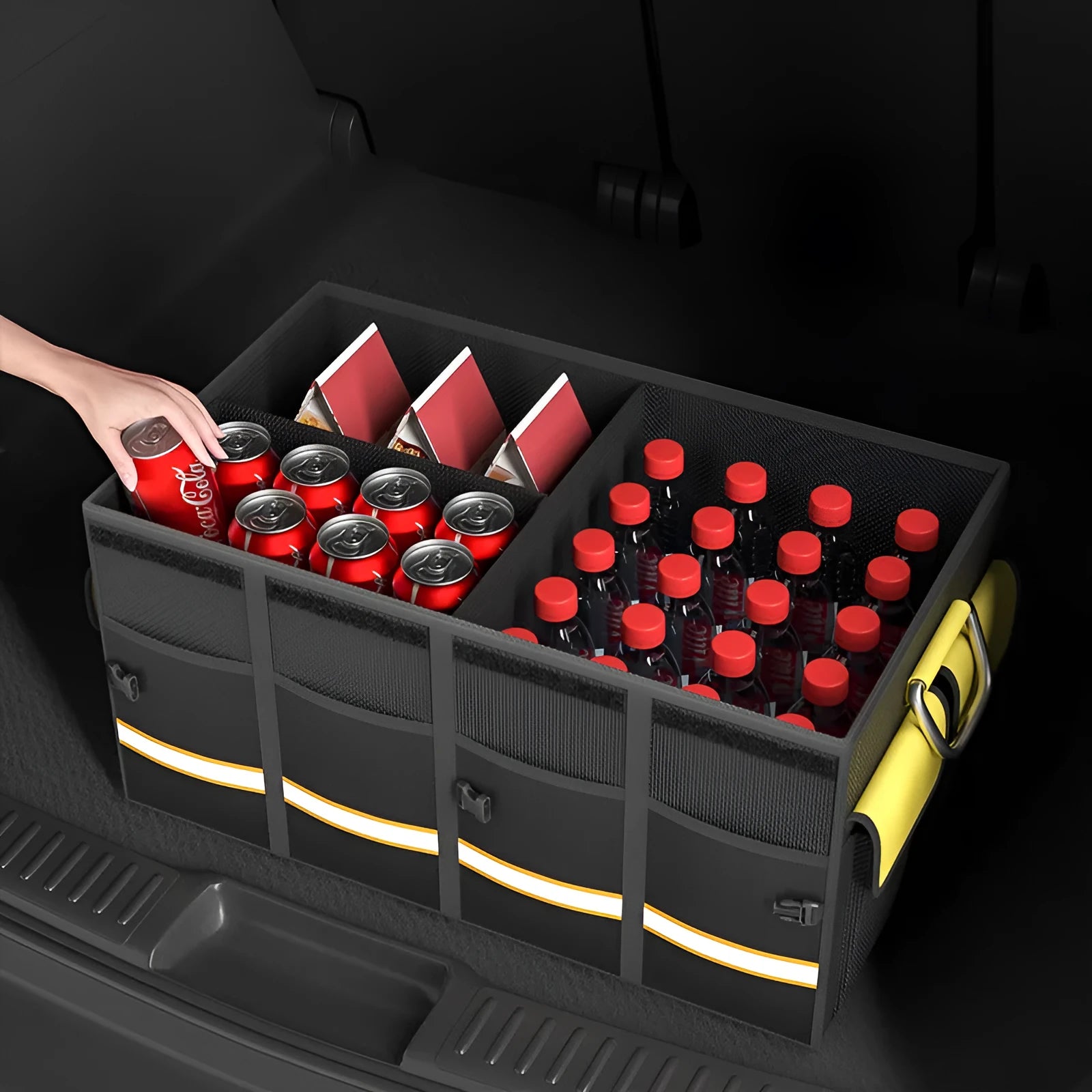 Foldable car boot storage organiser bag in black and yellow with handle