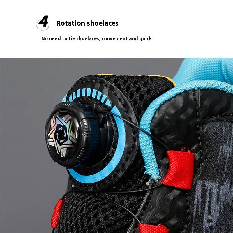 Children's black basketball shoes with rotating button fastening and cushion design