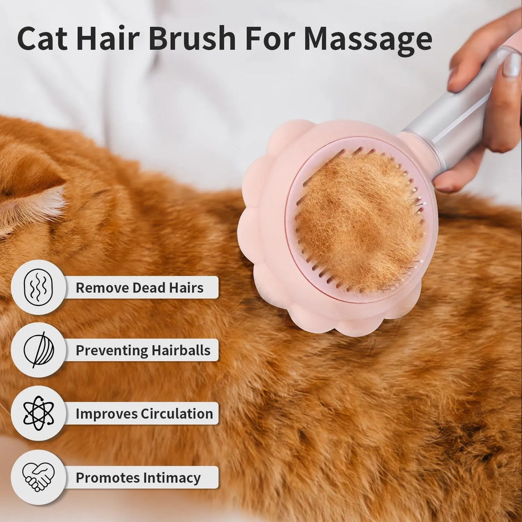 Grey spray cat brush with release button and stainless steel bristles for pet grooming.