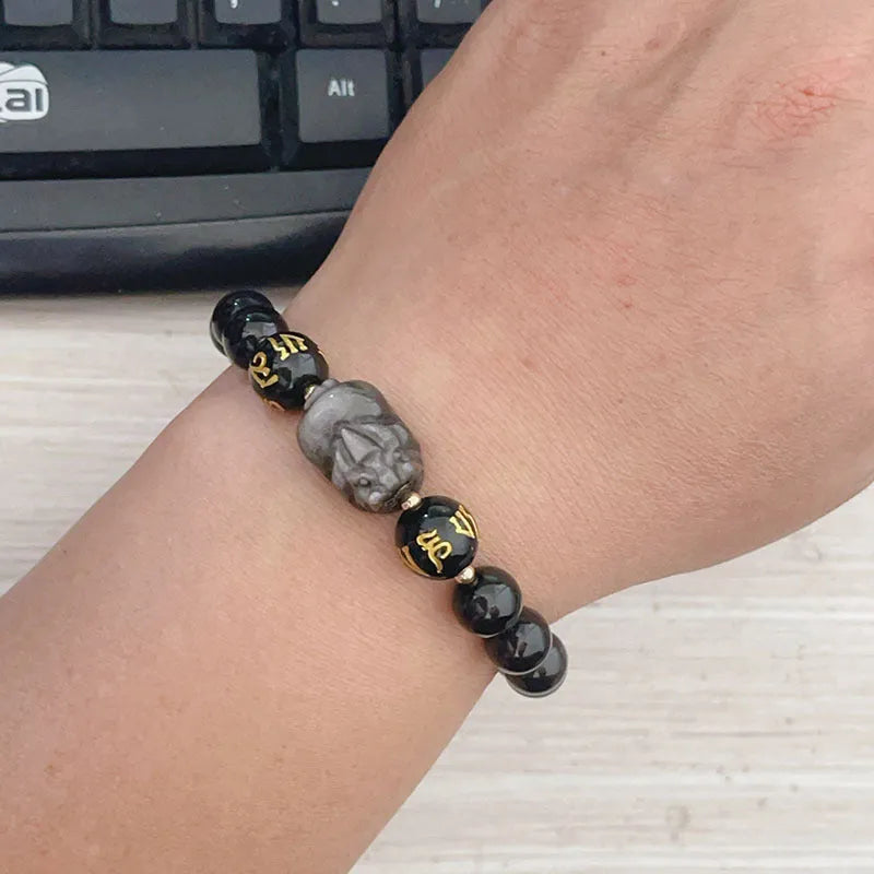 Natural silver stone men's bracelet with beaded design and Chinese style six-word proverbs