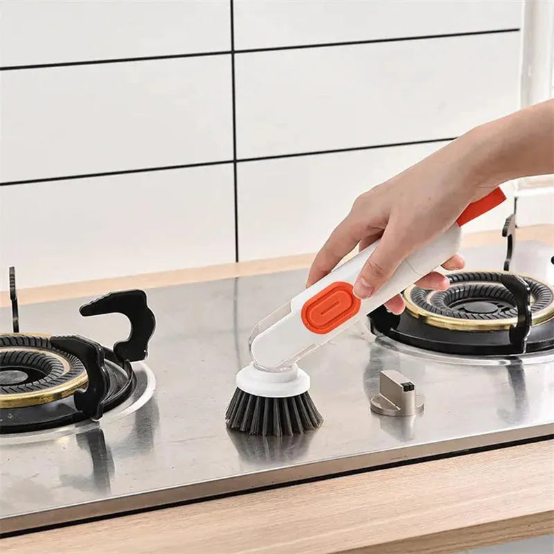 White and red long-handle kitchen brush with liquid dispenser button and two spare brush heads