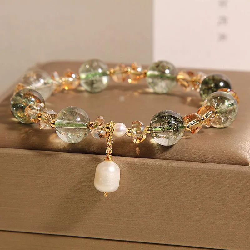 Women's green phantom quartz crystal bracelet with champagne crystals and pearl accents in Japanese-Korean style