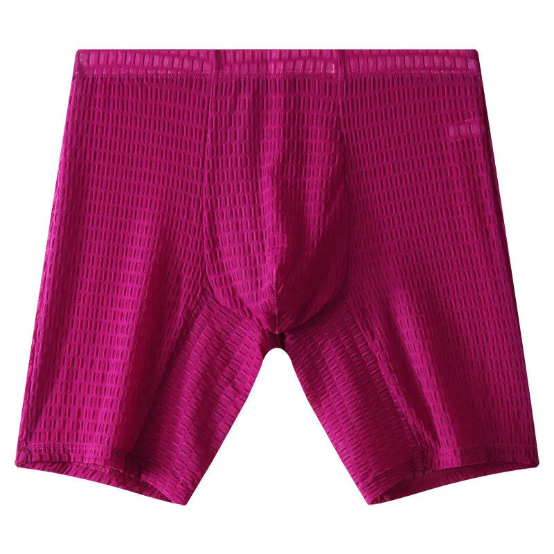A pair of transparent men's lace boxers in a lengthened cut on a mid waist, shown in one of five available colours.