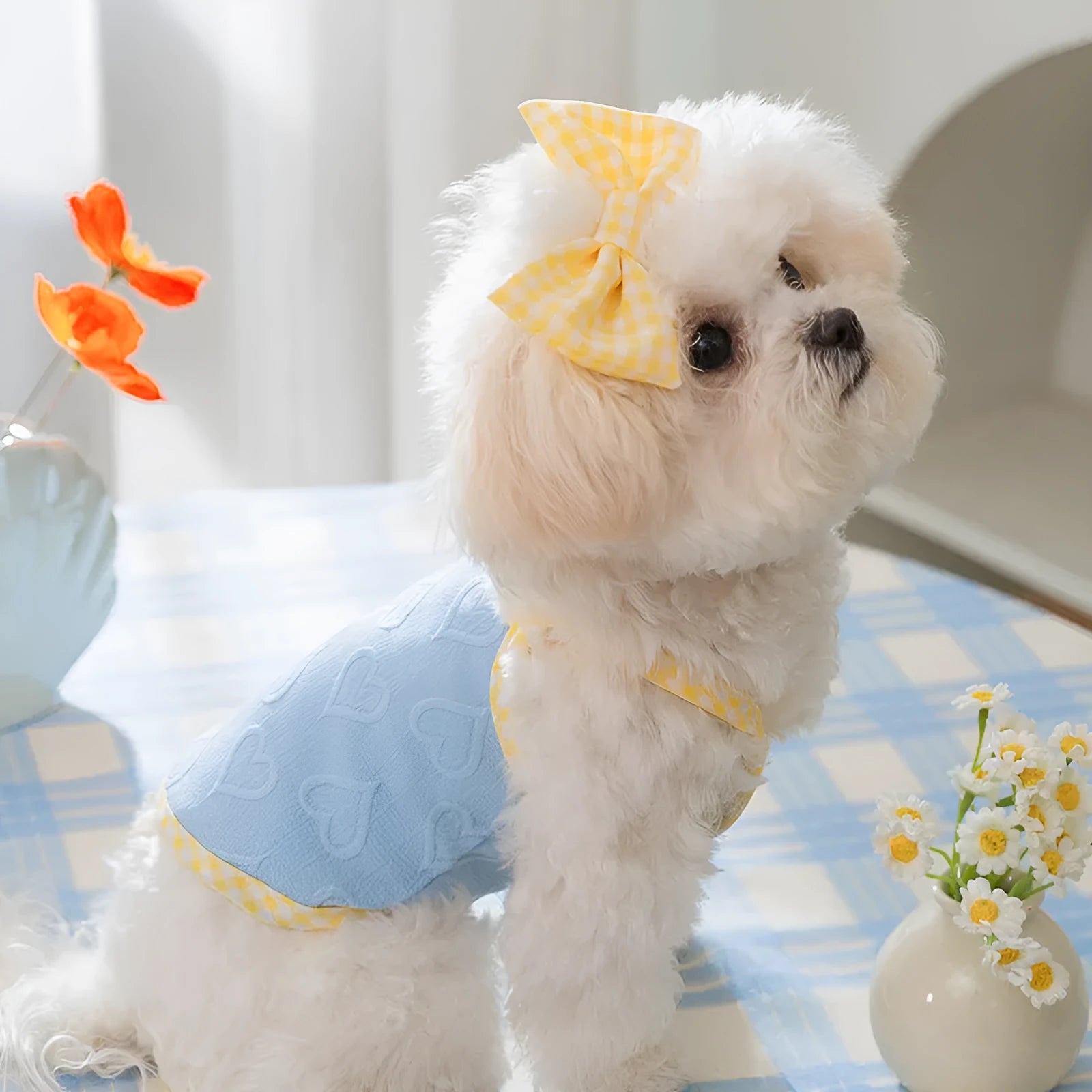 Small dog wearing a blue heart relief texture vest with bow suspenders and a matching hairband.