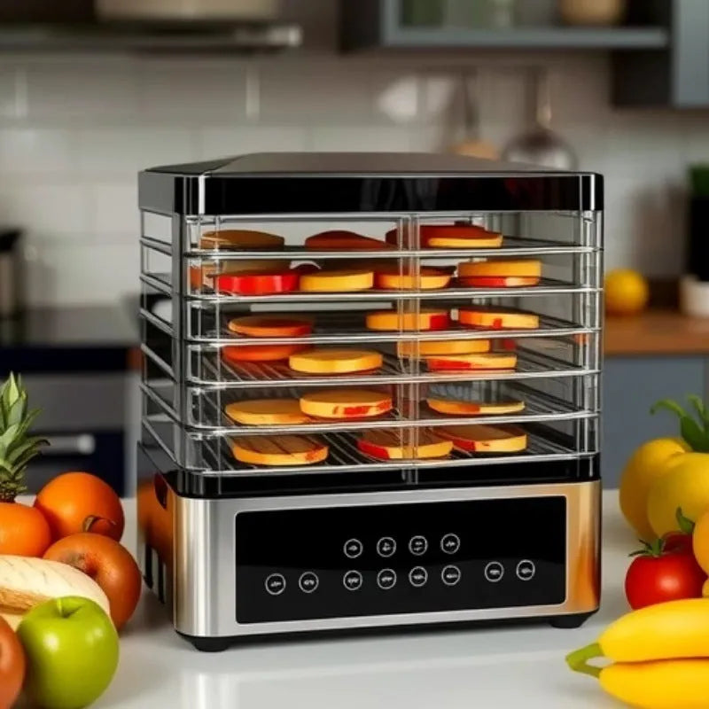 Silver stainless steel household food dehydrator with 14L capacity and temperature control dial