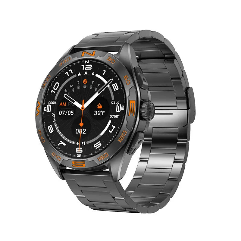 Smart watch displaying health metrics on its IPS screen, shown in a black steel colour variant with a standard strap.