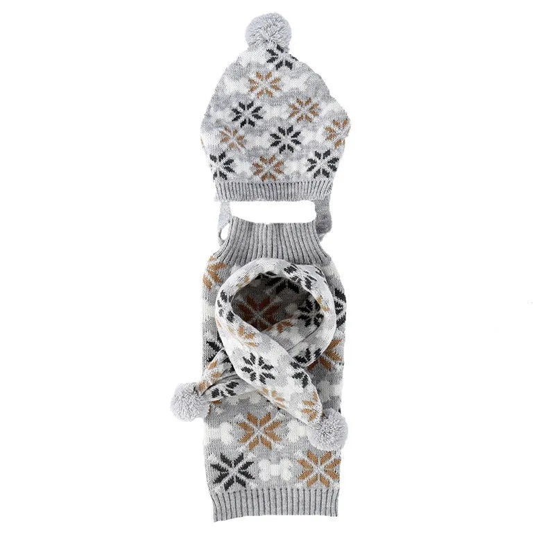 Japanese-style retro jacquard pet sweater, scarf and hat set in grey or pink colours for small dogs and cats