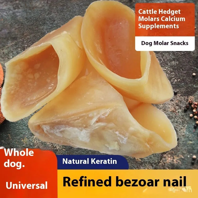 Natural hoof shell coloured cowhide dog chew on a white background, shown in small and large sizes.