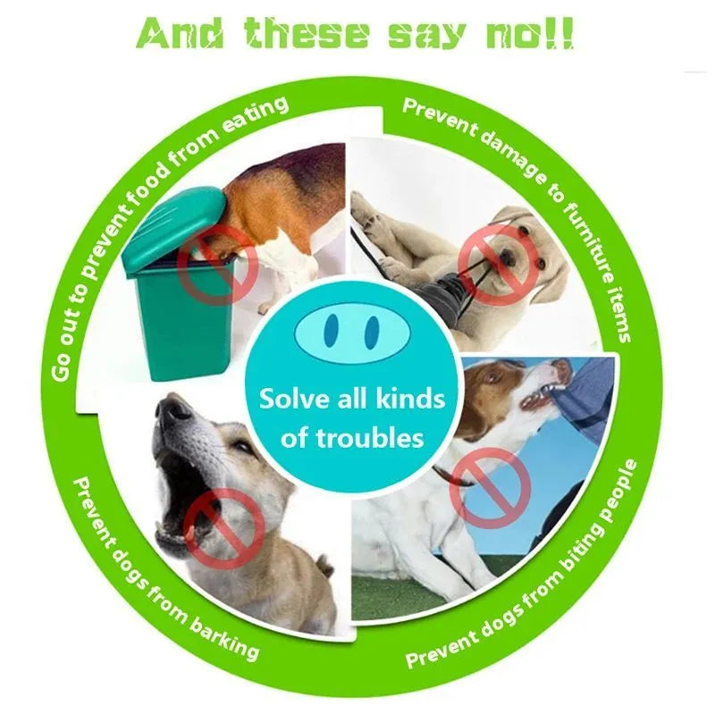Green silicone anti-bite mouth cover muzzle for a long-mouthed dog on a white background.