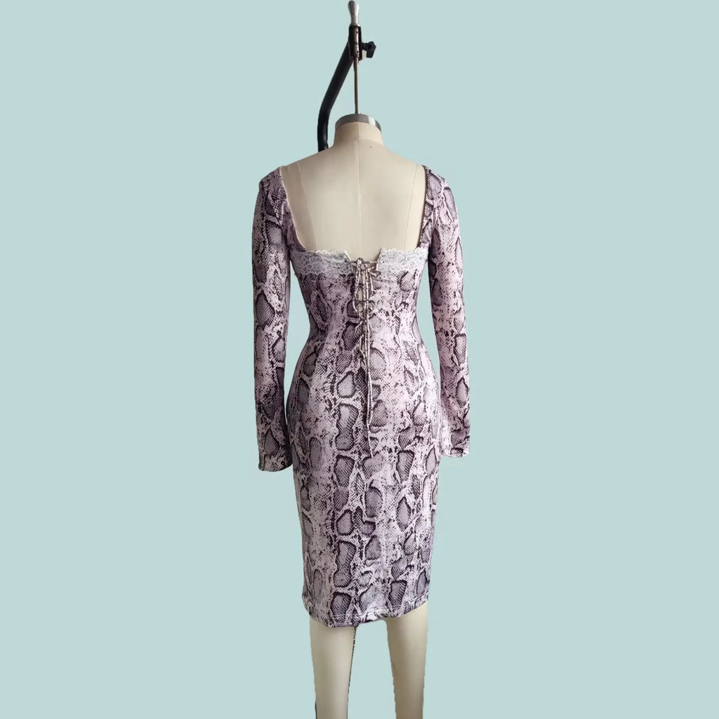Grey slim-fit A-line lace dress with long sleeves and a digital 3D print pattern.