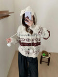 Geometric pattern loose brocade sweater coat for women in grey