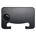 Black foldable car steering wheel laptop stand with a drink cup holder on a table.