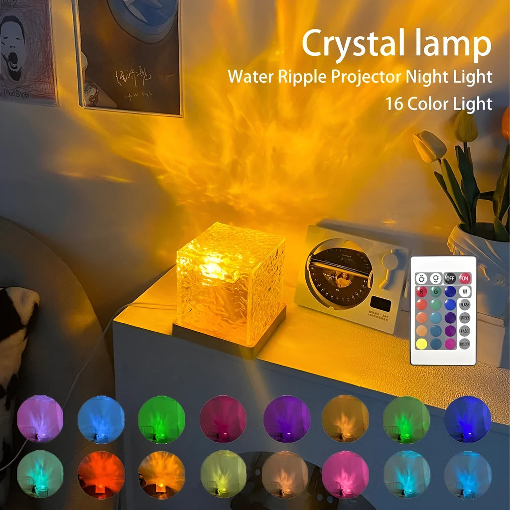 LED water ripple night light with rotating crystal projection and remote control on wooden surface
