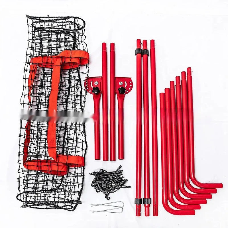 Red portable baseball training net with metal frame folded to 95x16x14.5cm dimensions