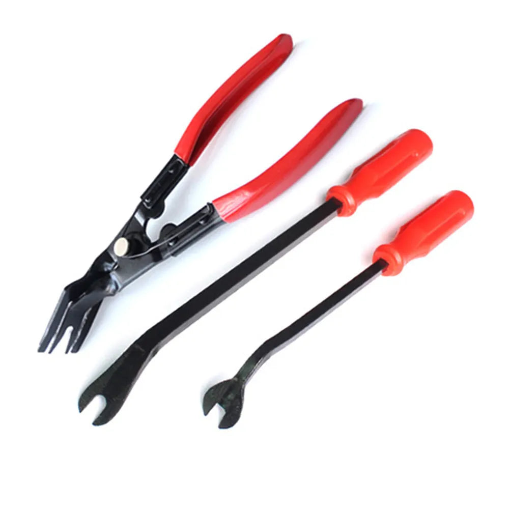 Red-handled automotive door panel clip removal tool for GM cars with light switch pliers.