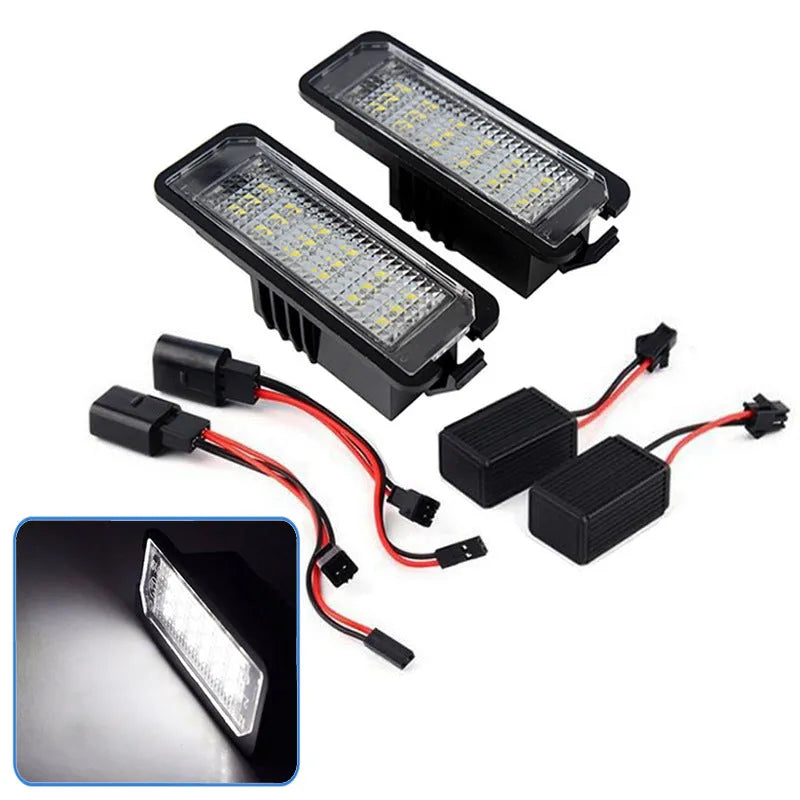 Volkswagen LED licence plate light unit showing 24 SMD 3528 LEDs, for Golf, Polo, Phaeton models.