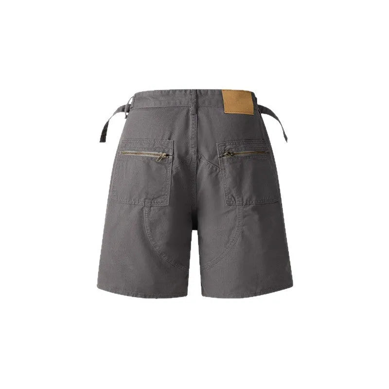 Retro loose-fit washed cotton shorts for men and women with zipper and half-elastic waistband.