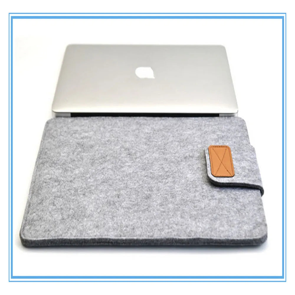 Khaki felt laptop bag showing clamshell design with interior device protection