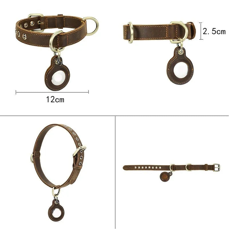 Brown handmade genuine leather dog collar with retro styling and halter positioning clasp