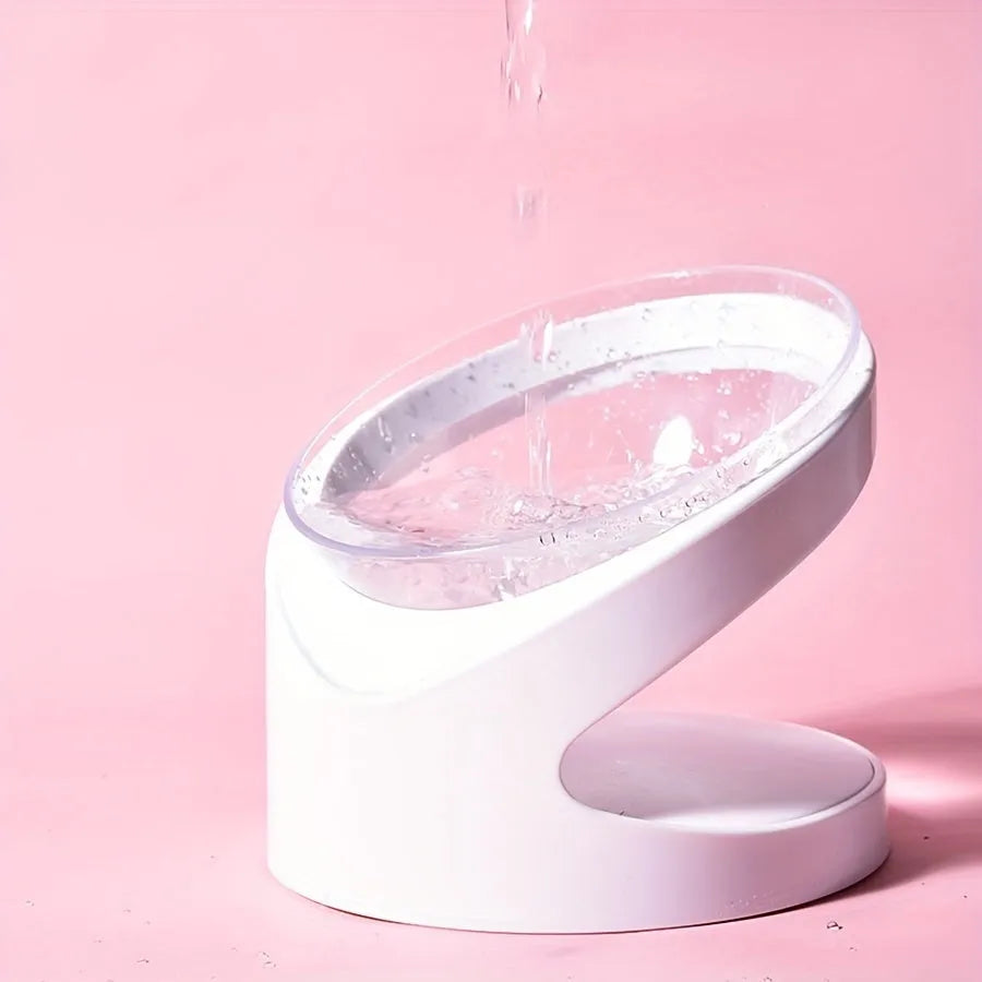 Clear elevated cat food bowl with ergonomic tilt design for neck protection