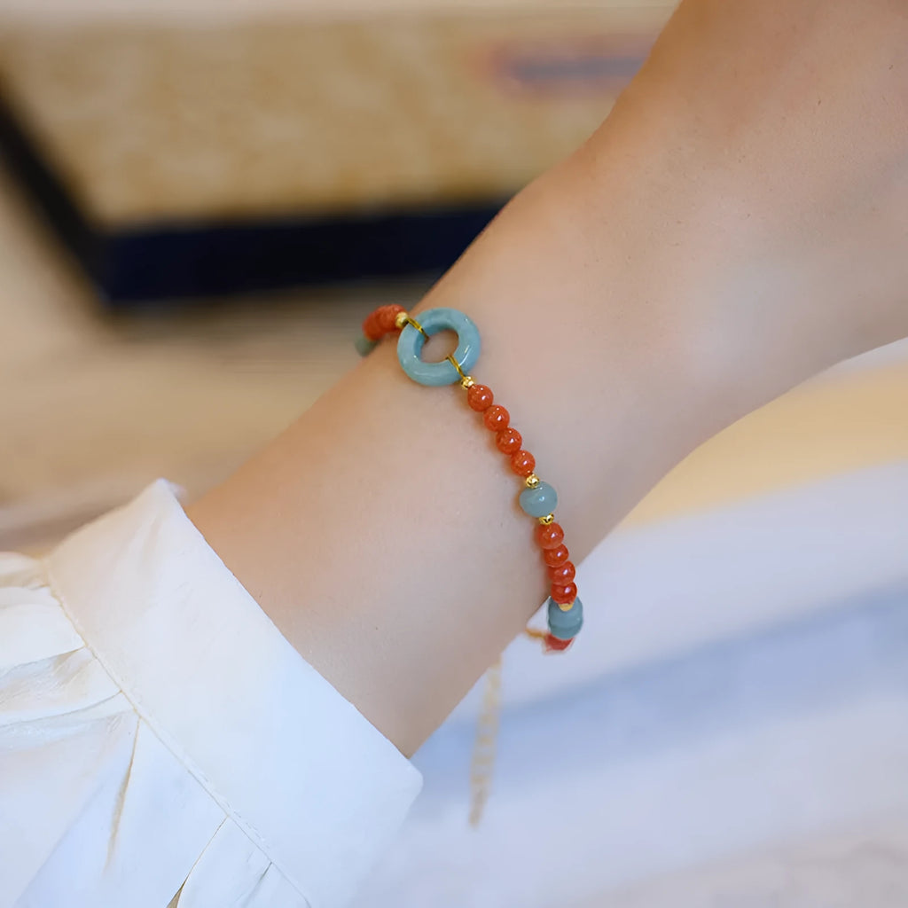 Adjustable South Red Agate women's bracelet with auspicious patterns and safety buckle clasp