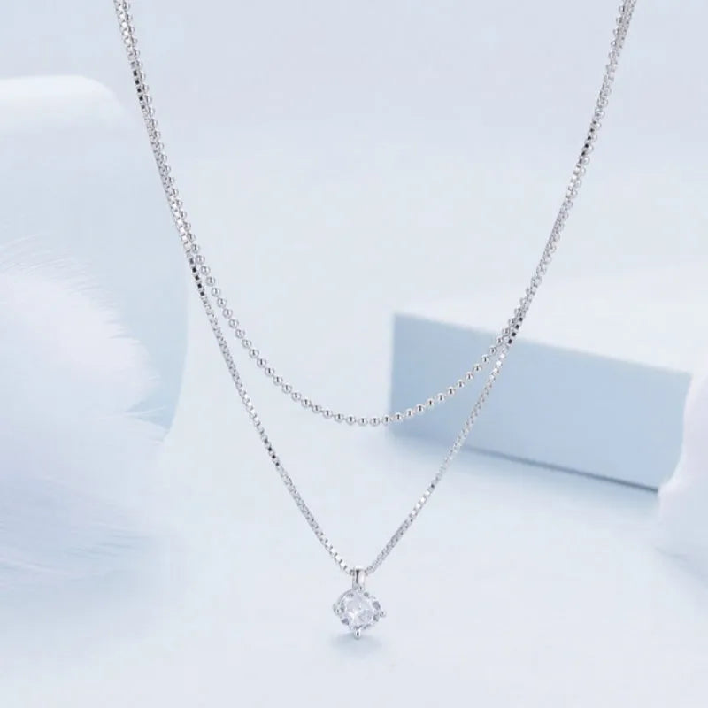 S925 sterling silver necklace with double-layer pendant and pearl chain in silver colour