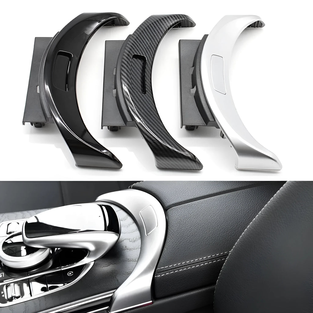 Electroplated armrest button panel for Mercedes C/GLC in silver, black, and carbon pattern finishes
