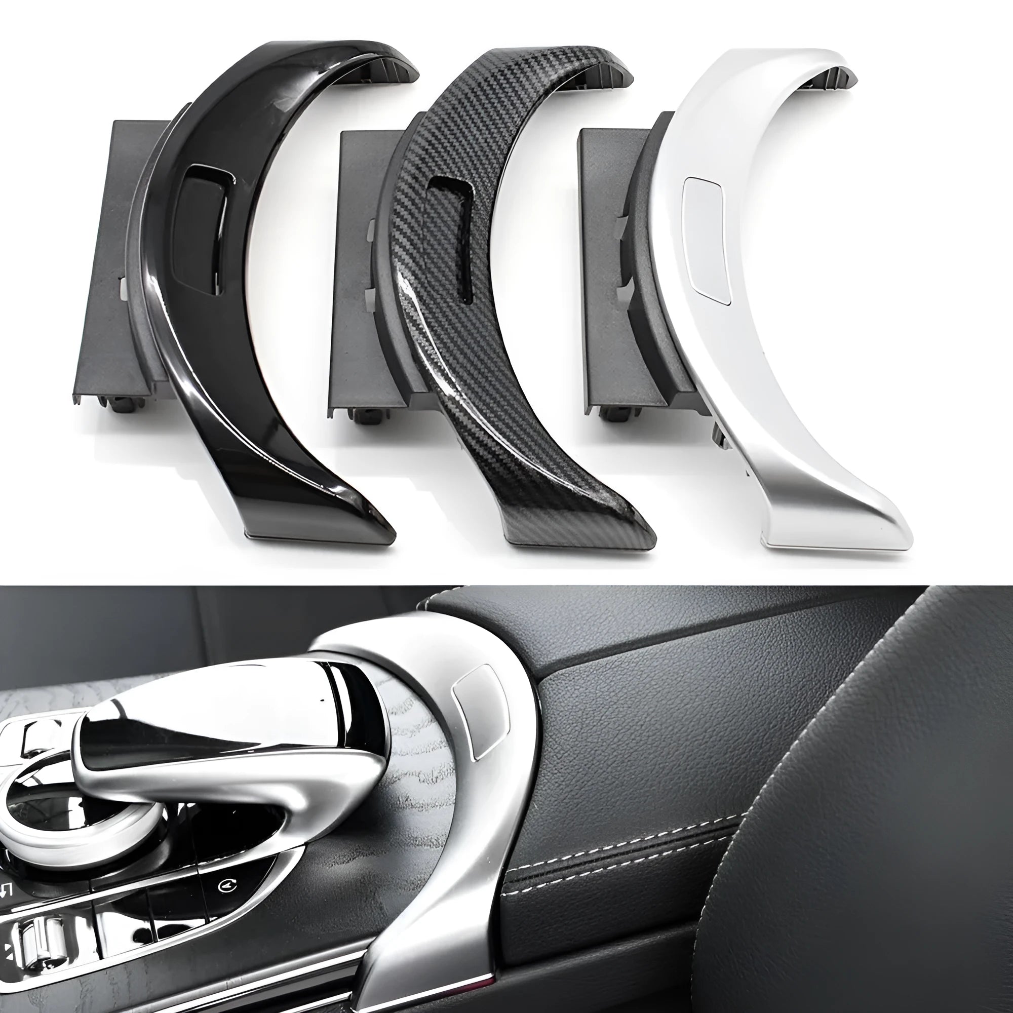 Electroplated armrest button panel for Mercedes C/GLC in silver, black, and carbon pattern finishes