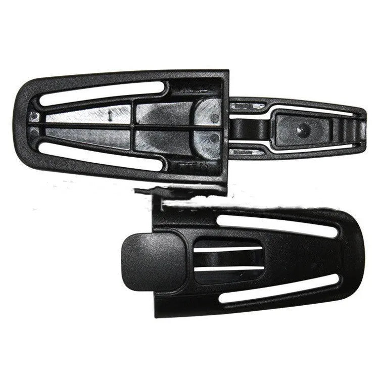 Black nylon seat belt clip for child safety seat 5-point harness systems measuring 14.5cm by 4cm