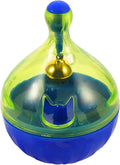 Blue and green tumbler-shaped interactive treat dispenser toy for dogs and cats on a wooden floor.