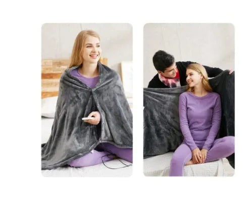 Dark grey USB-powered coral fleece electric heated blanket showing control button and cable.