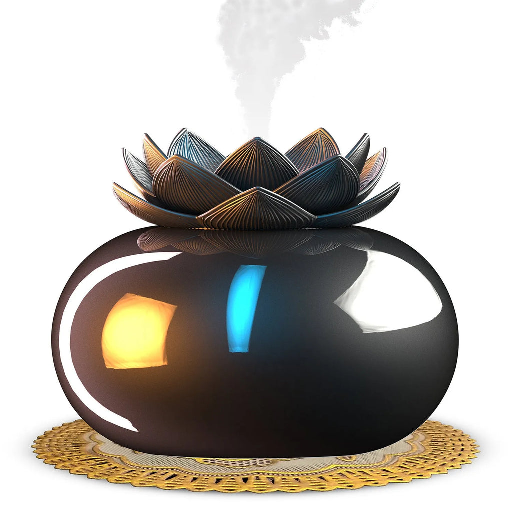 Pure black round lotus aromatherapy humidifier with USB power cable and ceramic-plastic construction