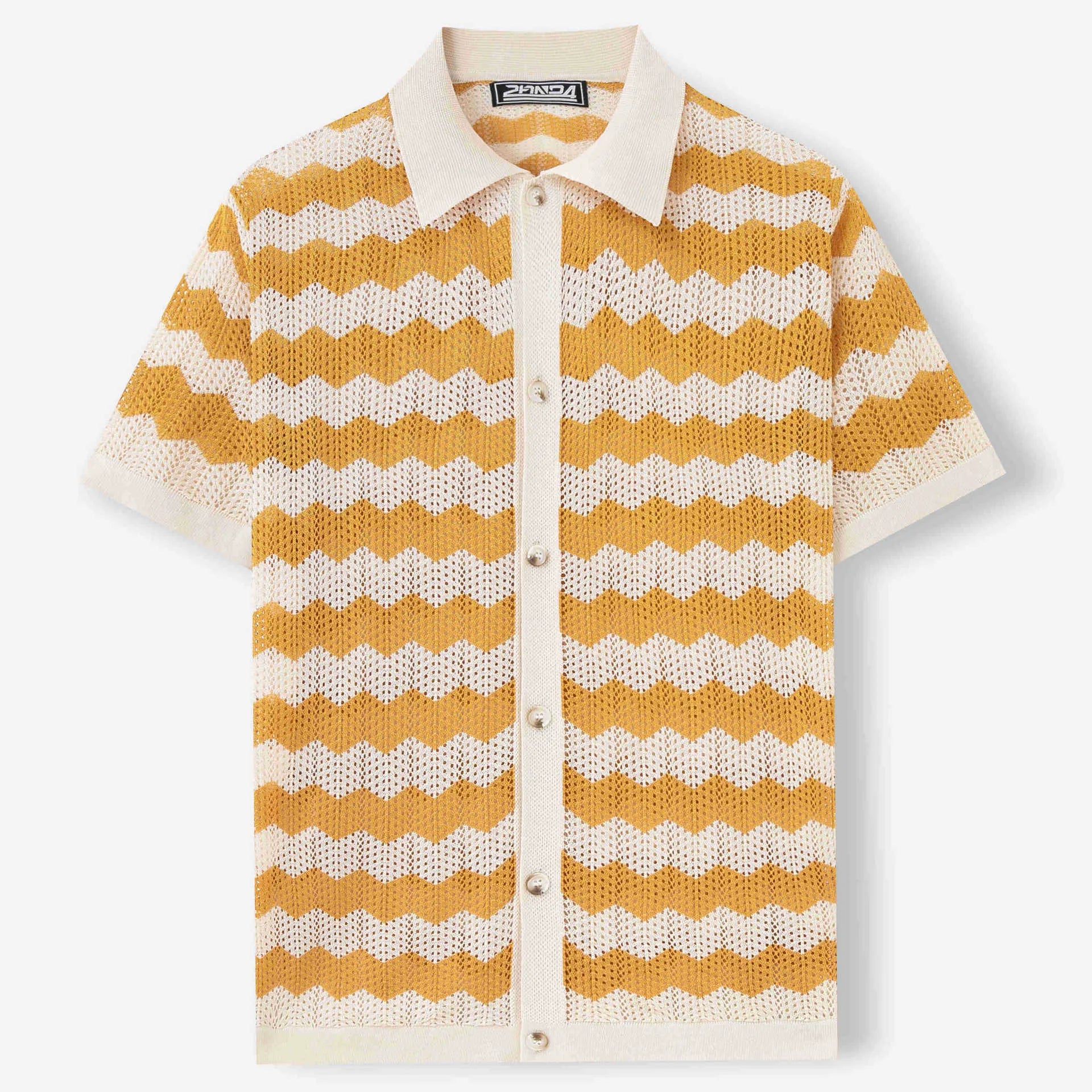 Short sleeve corrugated knit sweater in blue, brown, or yellow, showing textured jacquard pattern.