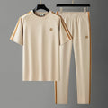 Men's blue ironing-free short sleeve suit set with breathable polyester fabric