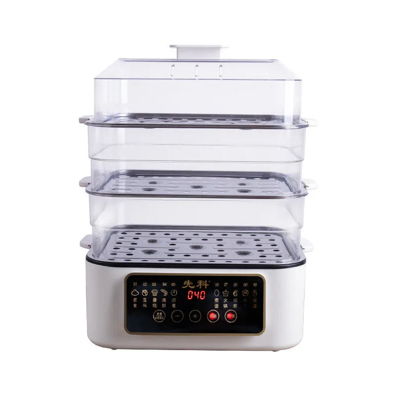 28 litre stainless steel electric food steamer with automatic measuring on a kitchen worktop.