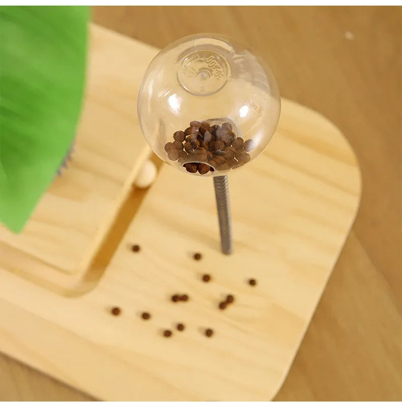 Wooden vertical cat scratching post with a cannulated grab column and a food drop ball.