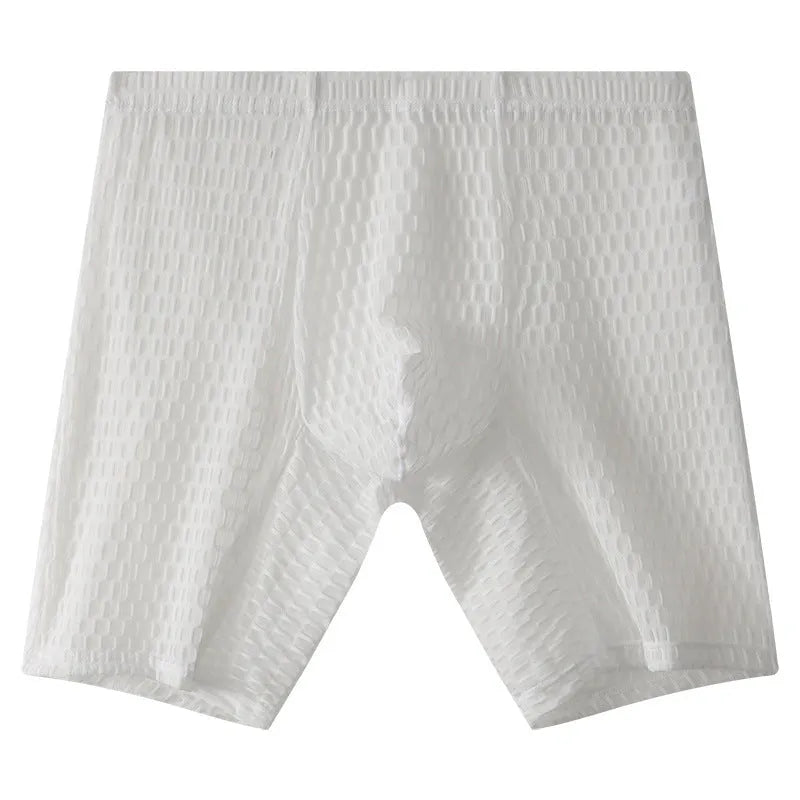 A pair of transparent men's lace boxers in a lengthened cut on a mid waist, shown in one of five available colours.