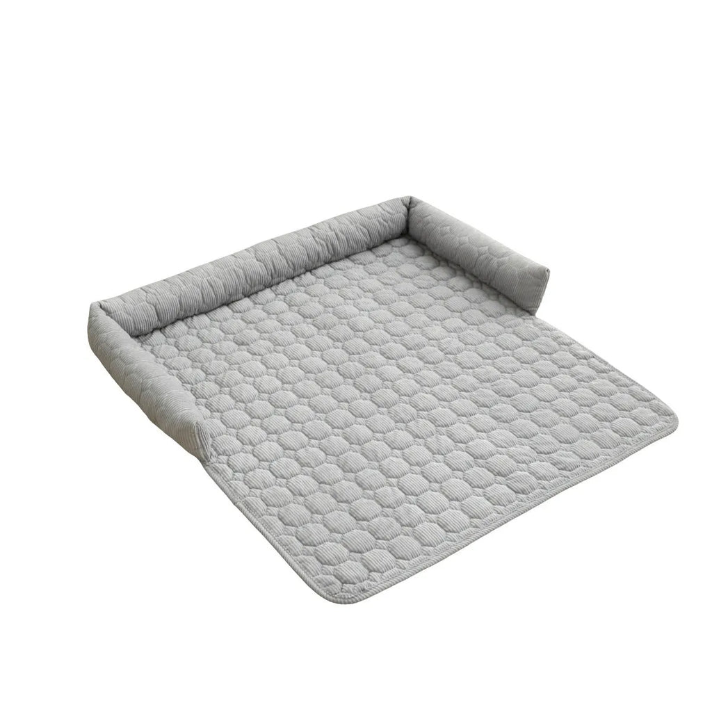 Thick corduroy pet bed mat with neck pillow in beige, 75x75cm, on a floor