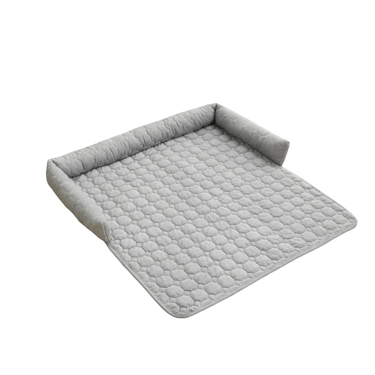 Thick corduroy pet bed mat with neck pillow in beige, 75x75cm, on a floor