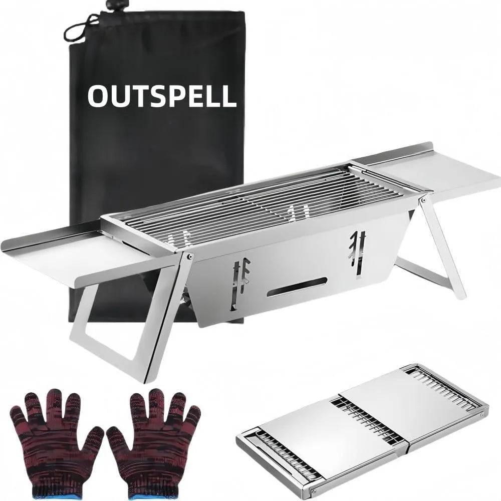 Small foldable steel charcoal grill for portable outdoor barbecues.